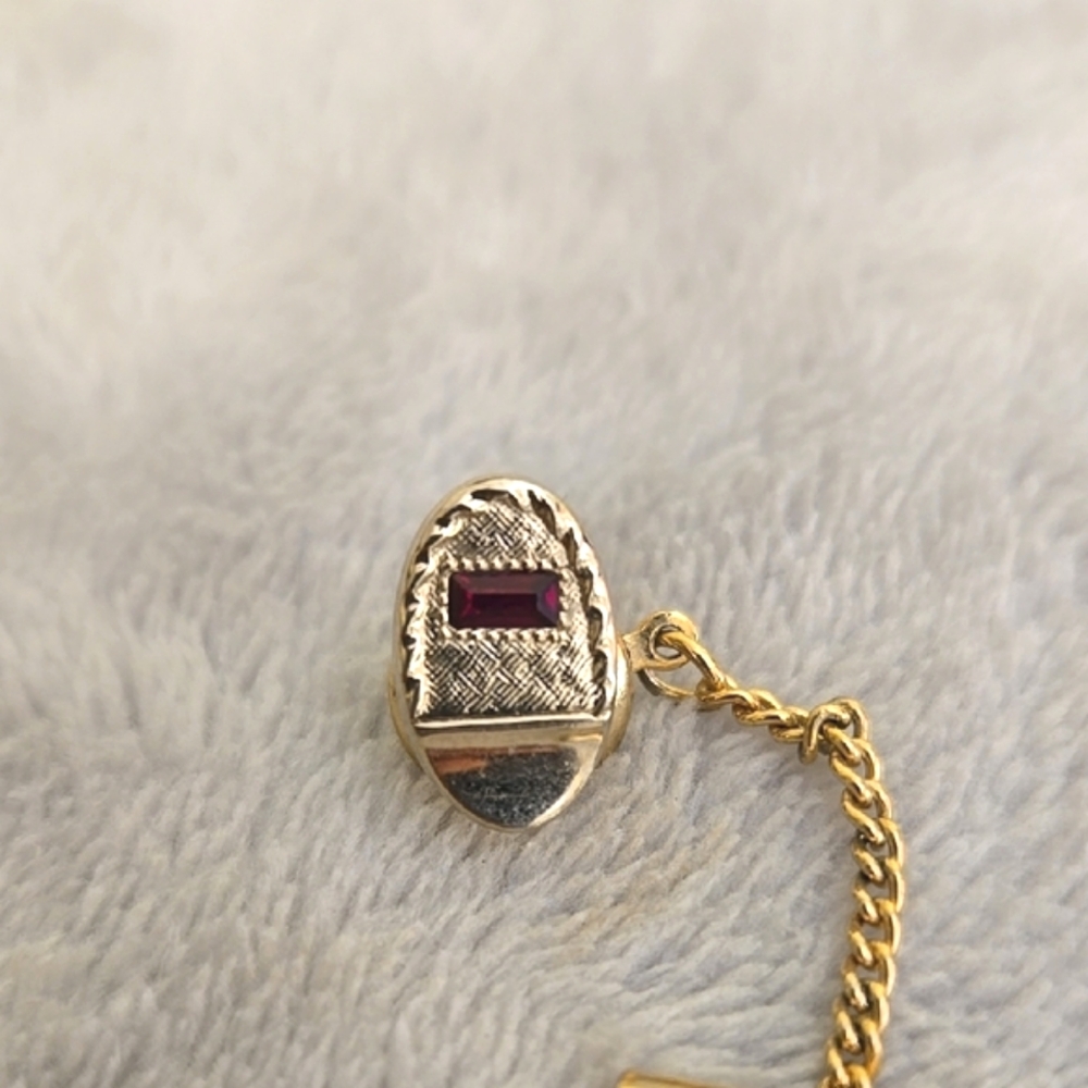 #147 Vintage Gold and Silver Tie Tack with Red Gemstone - Picture 3 of 5